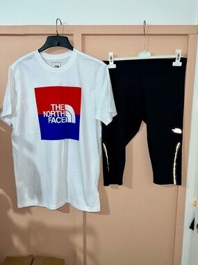 The North Face White Tee with Red & Blue Block Logo & Black North Face Capris